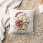 Teddy bear Santa Claus with Christmas flowers クッション (ブランケット)