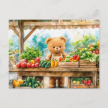Teddy Bear Selling Fruit at Farmers Market