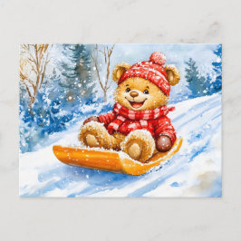 Teddy Bear Sledding Downhill in Winter ポストカード
