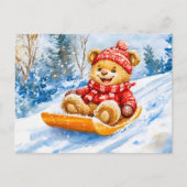 Teddy Bear Sledding Downhill in Winter ポストカード (正面)
