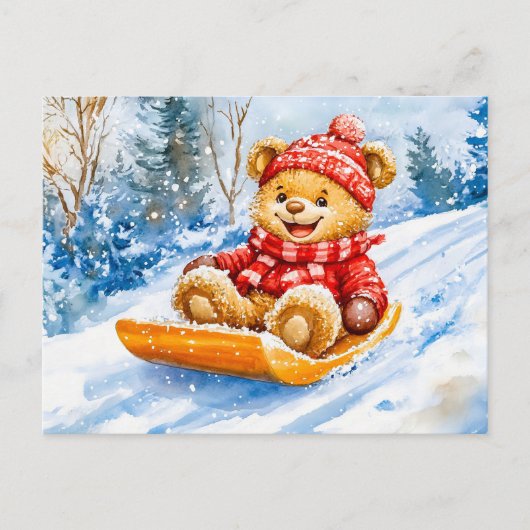 Teddy Bear Sledding Downhill in Winter ポストカード (正面)
