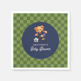 Teddy Bear Soccer Sport Checkboard Baby Shower スタンダードカクテルナプキン
