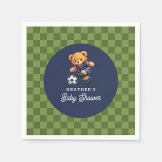 Teddy Bear Soccer Sport Checkboard Baby Shower スタンダードカクテルナプキン