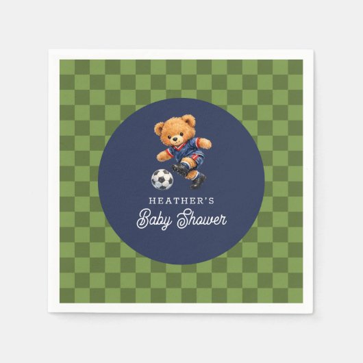 Teddy Bear Soccer Sport Checkboard Baby Shower スタンダードカクテルナプキン (正面)