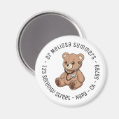 Teddy Bear Stethoscope Pediatrician Round Text マグネット (正面/裏面)