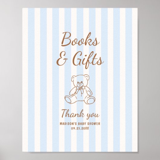 Teddy Bear Tan Blue Stripes Baby Shower ポスター (正面)