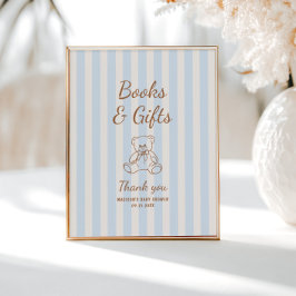 Teddy Bear Tan Blue Stripes Baby Shower ポスター