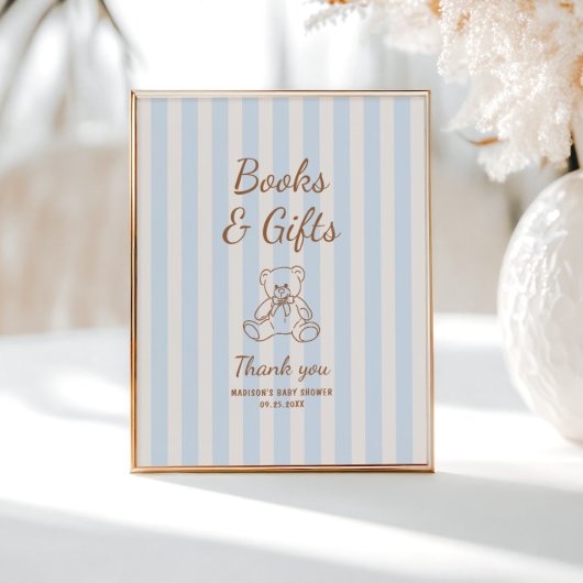 Teddy Bear Tan Blue Stripes Baby Shower ポスター