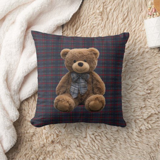 Teddy Bear Tartan Monogram Birth Stats Newborn Boy クッション (ブランケット)