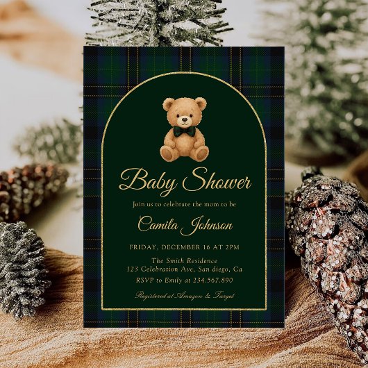 Teddy Bear Tartan Preppy Baby Shower Invitation 招待状