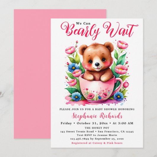 Teddy Bear Teacup Bearly Wait Pink ベビーシャワー 招待状 (正面/裏面)