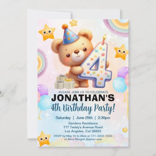 Teddy Bear Theme Birthday 4th for boy's 招待状 (正面)