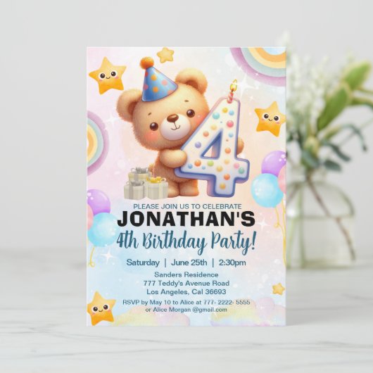 Teddy Bear Theme Birthday 4th for boy's 招待状 (スタンド正面)