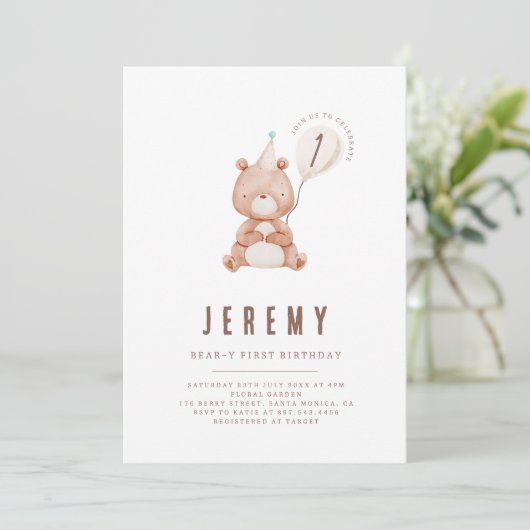 Teddy Bear Theme Neutral 1st Birthday Party  招待状 (スタンド正面)