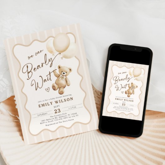 Teddy Bear Theme We Can Bearly Wait Baby Shower 招待状