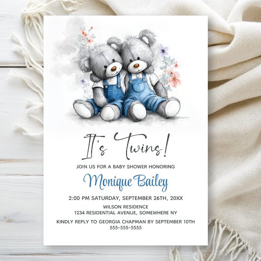 Teddy Bear Twins Baby Shower 招待状