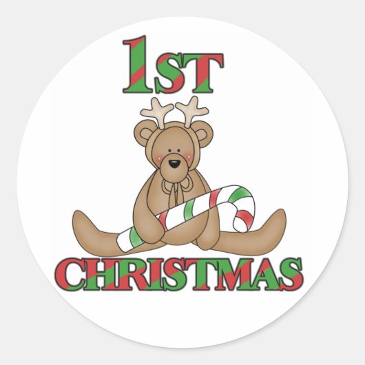 Teddy Bear Very 1stクリスマスTシャツとギフト ラウンドシール (正面)
