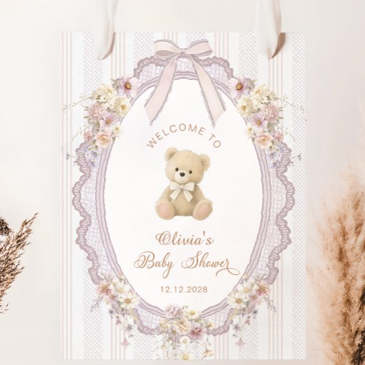 Teddy Bear Vintage Bow Baby Shower Welcome ポスター
