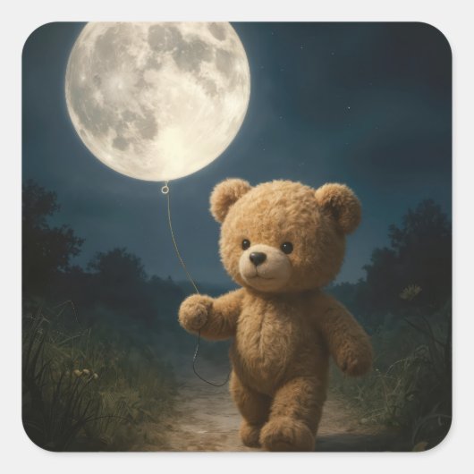 Teddy Bear Walking With a Moon Balloon スクエアシール (正面)