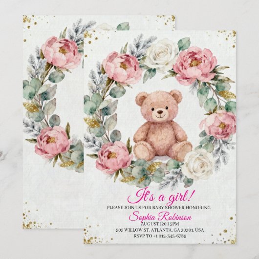Teddy Bear Watercolor  Baby Shower Invitation 招待状 (正面/裏面)