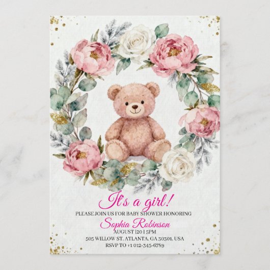 Teddy Bear Watercolor  Baby Shower Invitation 招待状 (正面)