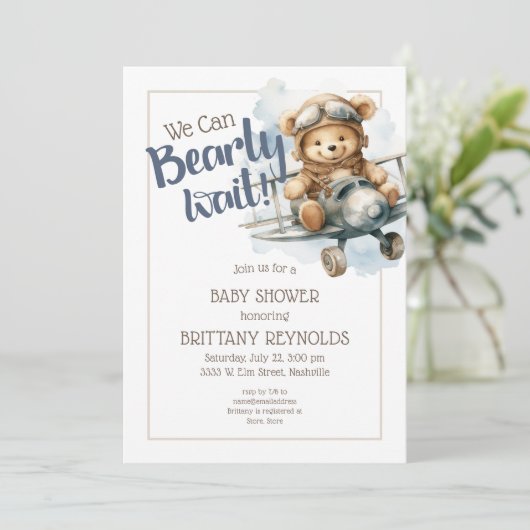 Teddy Bear We Can Bearly Wait 男の子ベビーシャワー 招待状 (スタンド正面)