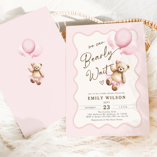 Teddy Bear We Can Bearly Wait Baby Girl Shower 招待状