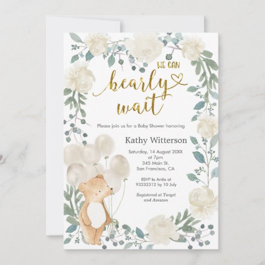 Teddy Bear We Can Bearly Wait Baby Shower 招待状 (正面)