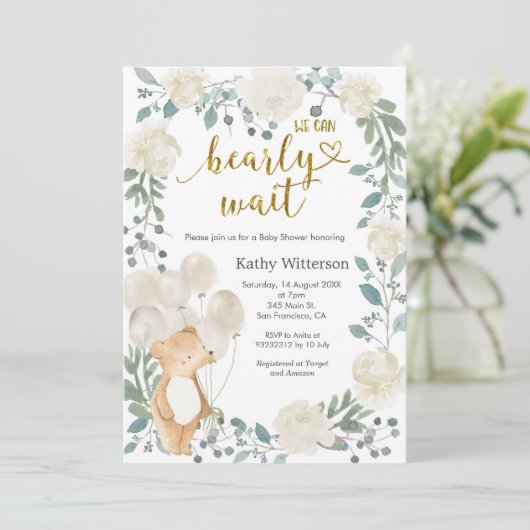 Teddy Bear We Can Bearly Wait Baby Shower 招待状 (スタンド正面)