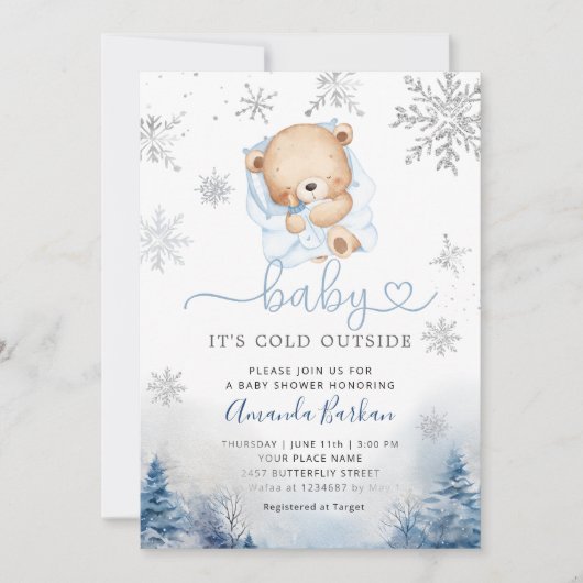 Teddy Bear Winter snowflakes Blue Boy Baby shower 招待状 (正面)