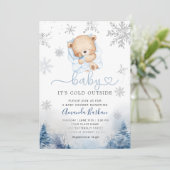 Teddy Bear Winter snowflakes Blue Boy Baby shower 招待状 (スタンド正面)