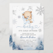 Teddy Bear Winter snowflakes Blue Boy Baby shower 招待状 (正面/裏面)