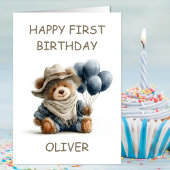 Teddy Bear with Balloons 1st Birthday カード