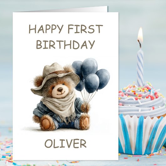 Teddy Bear with Balloons 1st Birthday カード