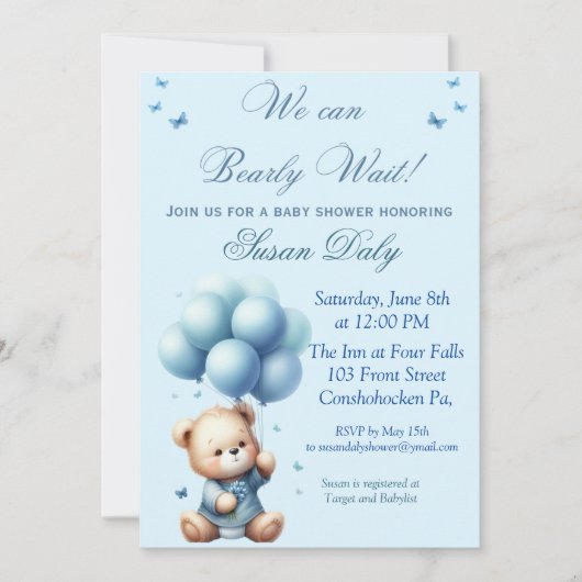 Teddy Bear with balloons baby shower invitation 招待状 (正面)