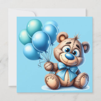 Teddy Bear with blue balloo Baby shower Invitation 招待状