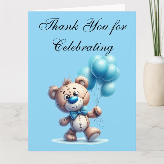 Teddy bear with blue balloons サンキューカード (正面)