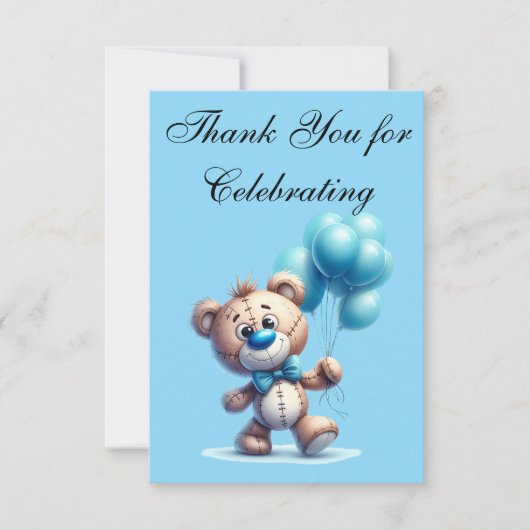 Teddy bear with blue balloons サンキューカード (正面)