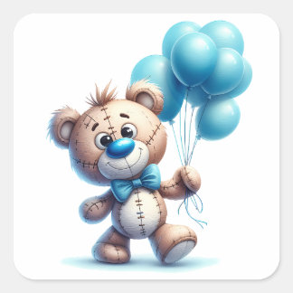 Teddy bear with blue balloons スクエアシール
