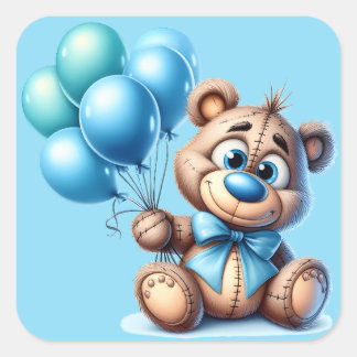 Teddy Bear with Blue Balloons Baby Shower スクエアシール