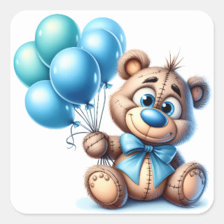 Teddy Bear with Blue Balloons Baby Shower スクエアシール