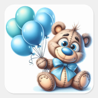 Teddy Bear with Blue Balloons Baby Shower スクエアシール