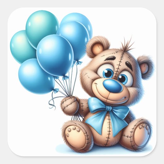 Teddy Bear with Blue Balloons Baby Shower スクエアシール (正面)
