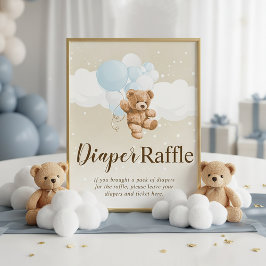 Teddy Bear with Blue Balloons Diaper Raffle Sign フォトプリント