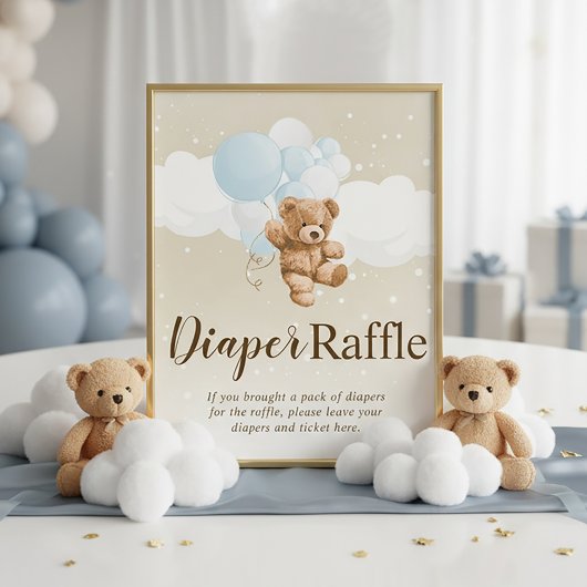 Teddy Bear with Blue Balloons Diaper Raffle Sign フォトプリント