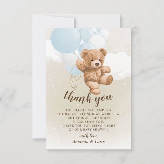 Teddy Bear with Blue Balloons Thank You Card 招待状 (正面)