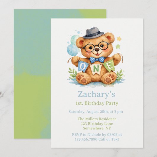 Teddy Bear with ONE Banner 1st. Birthday  招待状 (正面/裏面)