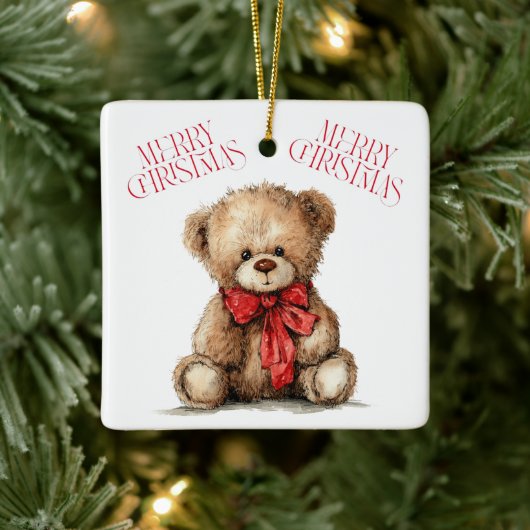 Teddy Bear with Red Bow | Merry Christmas Ornament セラミックオーナメント (ツリー)