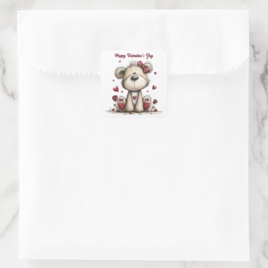 Teddy Bear with Roses and Hearts Envelope Seals スクエアシール (バッグ)
