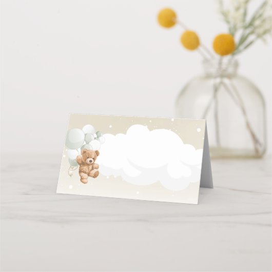 Teddy Bear with Sage Balloons  Place Cards プレイスカード (正面)